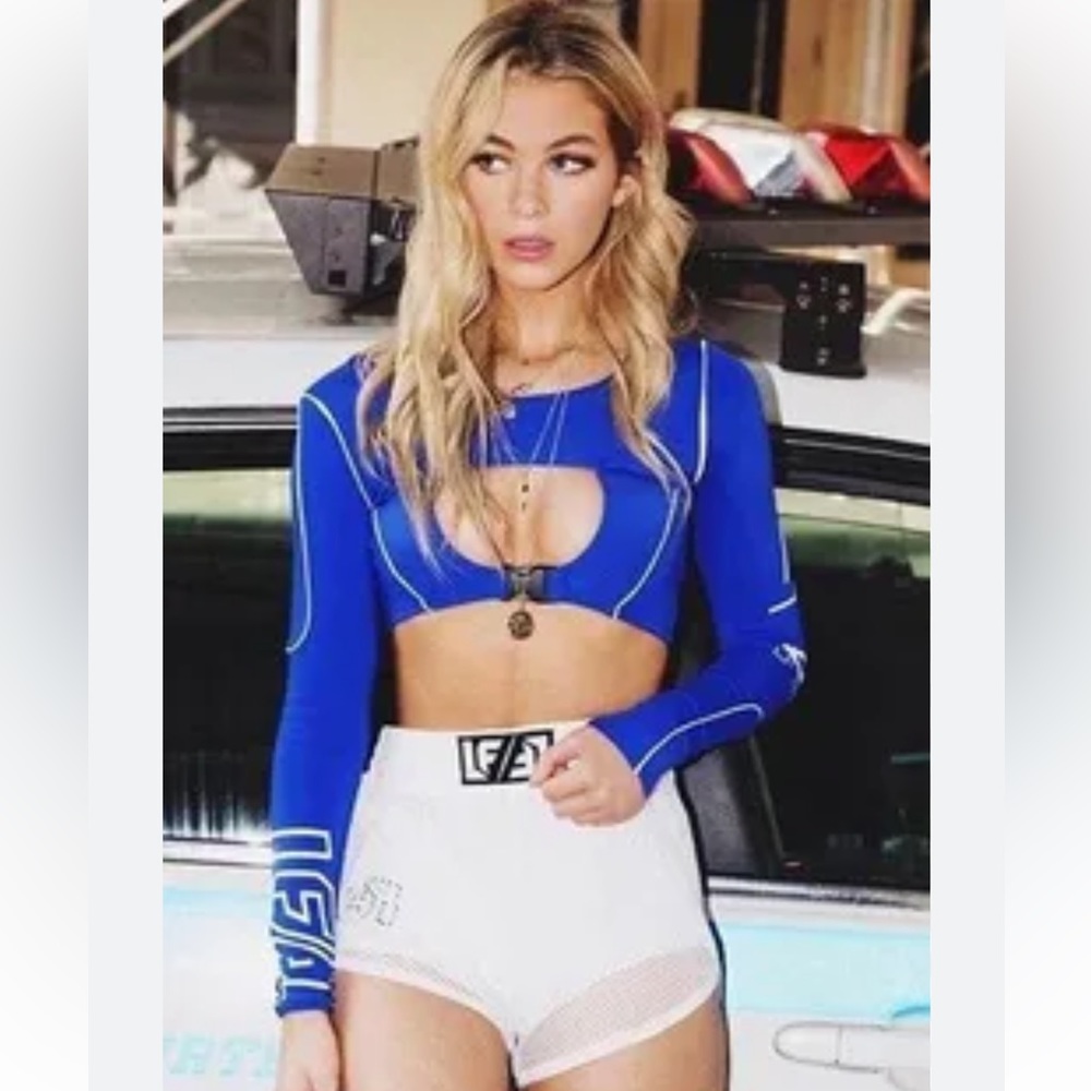 LF blue long sleeve buckle crop top night rider collection white